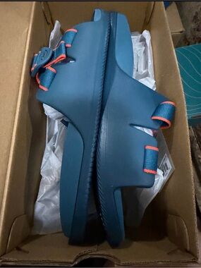 New Chaco Teal Blue Slide Sandals with Dark Blue Straps (Firm)